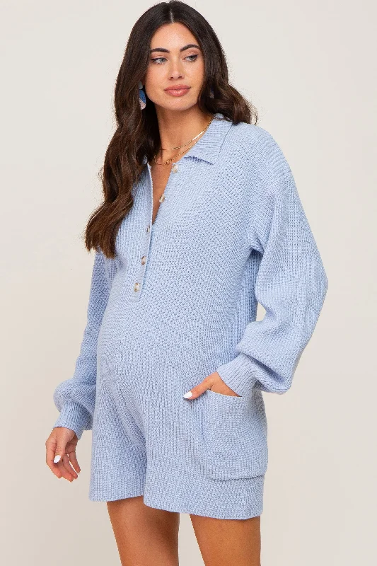 Light Blue Button Down Maternity Sweater Romper