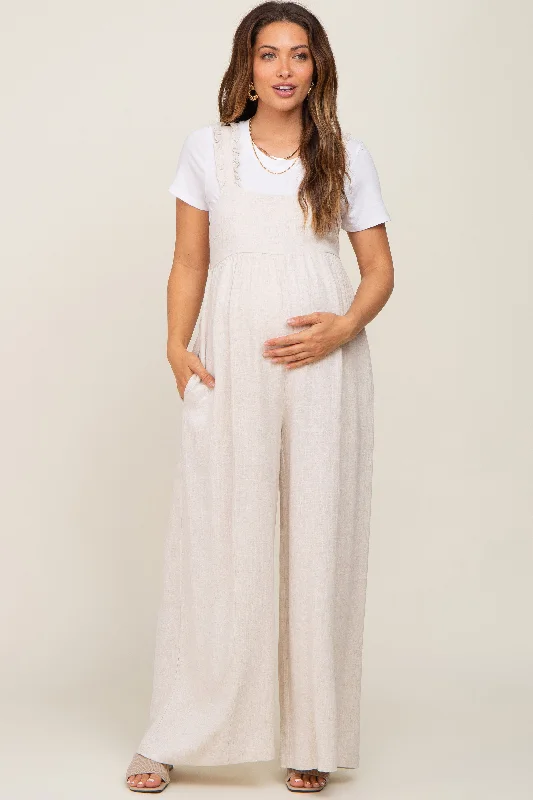 Beige Ruffle Trim Back Tie Maternity Jumpsuit