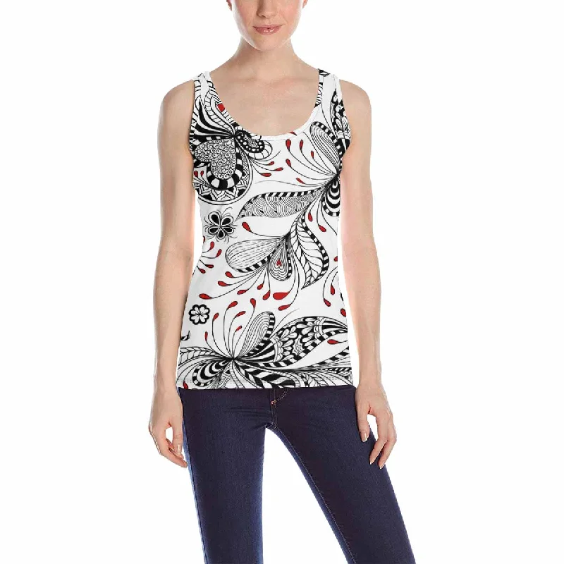 Womens Tank Tops print with black and red floral pattern