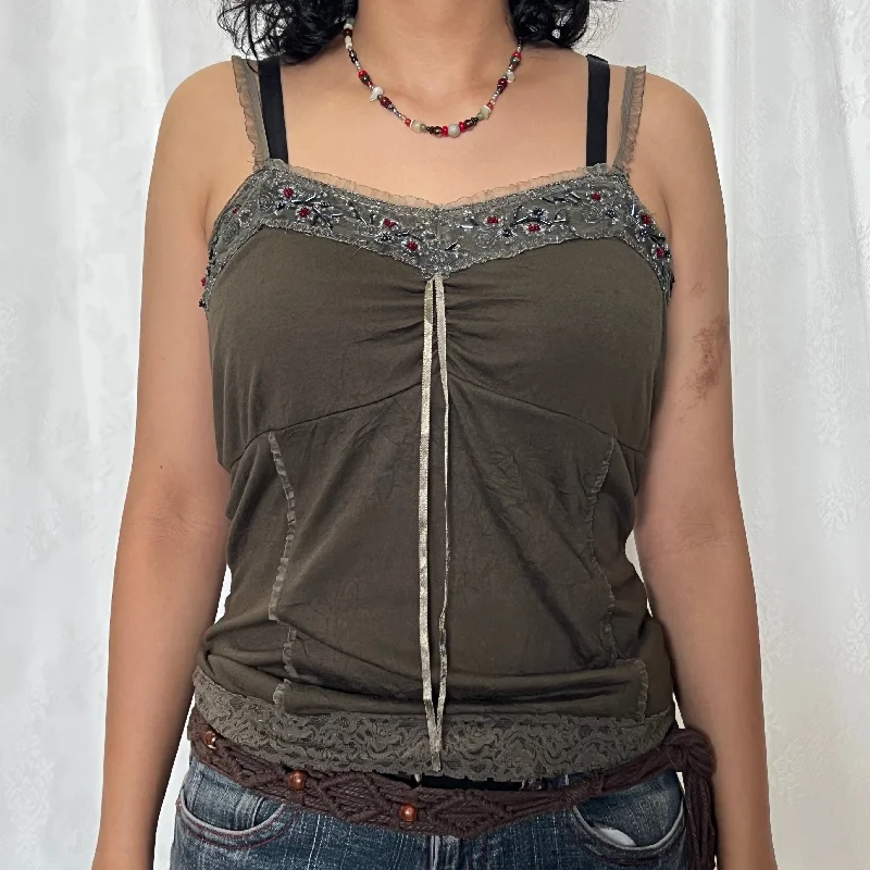 Grunge Green Cotton Hippie Beaded Cami Top