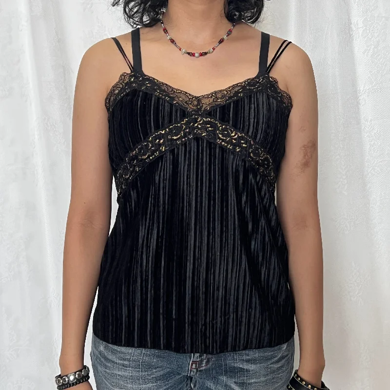 Black Velvet Pleated Fabric Gold Lace Cami Top