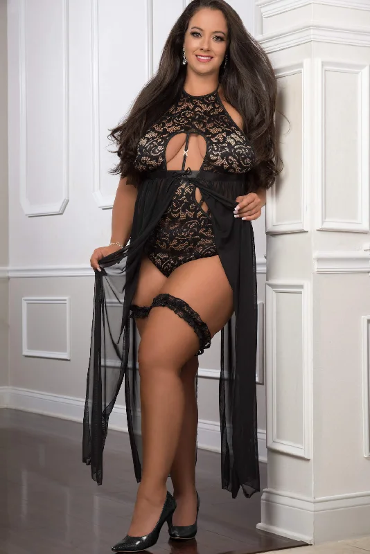 Black 2pc Flyaway Slitted Long Dress Teddy with Snap Crotch