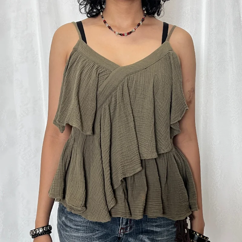 Grunge Green Textured Cotton Ruffles Cami Top