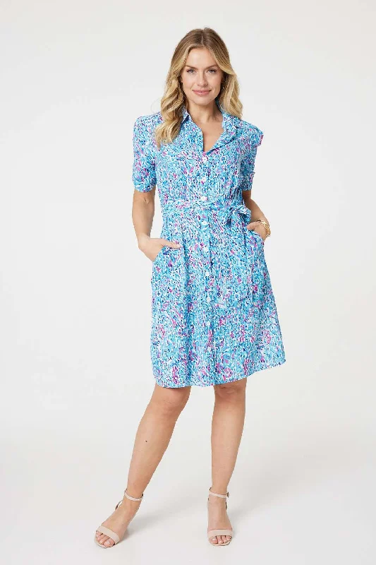 Printed Tie Waist Short Shirt Dress