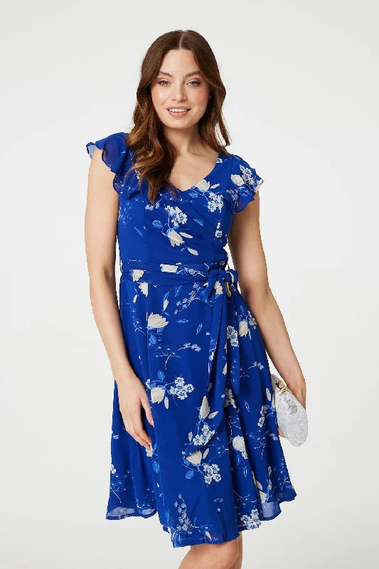 Floral Frilled Knee Length Wrap Dress