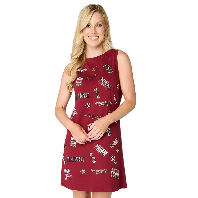 Stewart Simmons Women's Sequin Florida State Multi Logo All Over Design Sleeveless Dress - Garnet