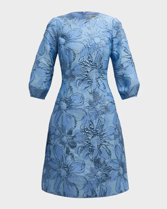 Blouson-Sleeve Metallic Jacquard Midi Dress In Slate Blue