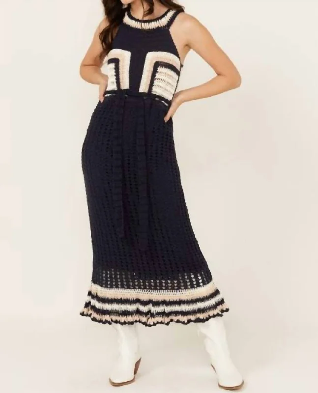 Drew Hand Crochet Midi Dress In Navy