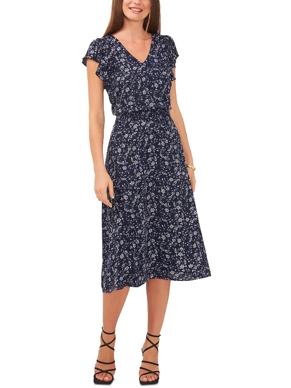 Island Oasis Womens Floral Flutter Sleeve Midi Dress