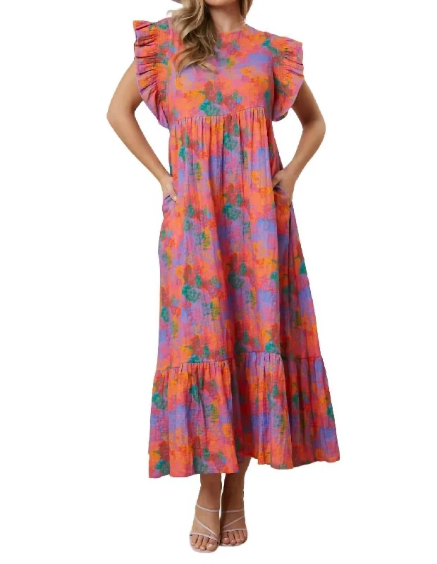 Pretty On Point Gauze Floral Midi Dress In Purple Multi