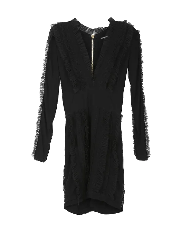 Balmain Black Viscose With Ruffled Tulle Trims V-Neck Long Sleeves Mini Dress