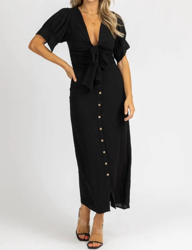 Center Tie Cap Sleeve Maxi Dress In Black