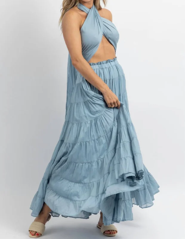 Crossover Tie Tiered Maxi Dress In Azul