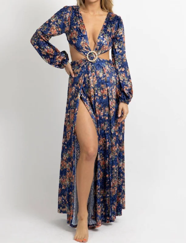 Floral Velvet Slit Maxi Dress In Royal Blue