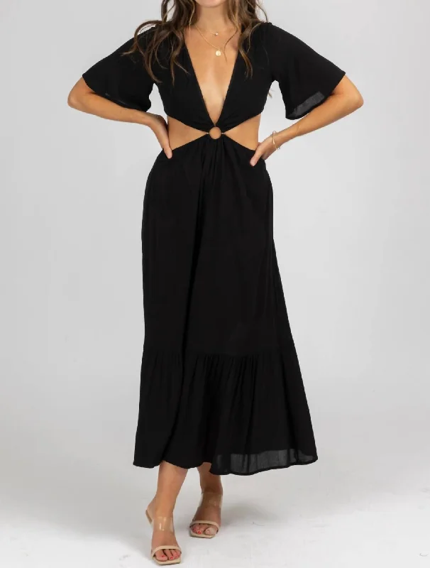 O-Ring Flutter Sleeve Maxi Dress In Black