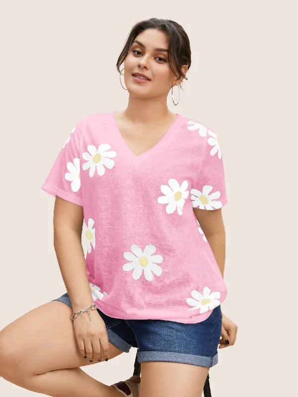 Colored Floral V Neck See Through T-shirt