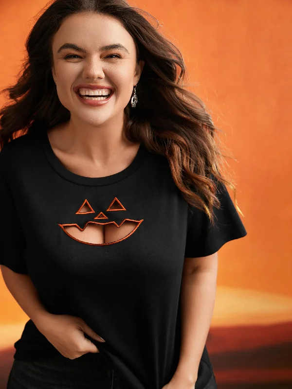 Jack-O-Lantern Neck Hollow Embroidered T-shirt