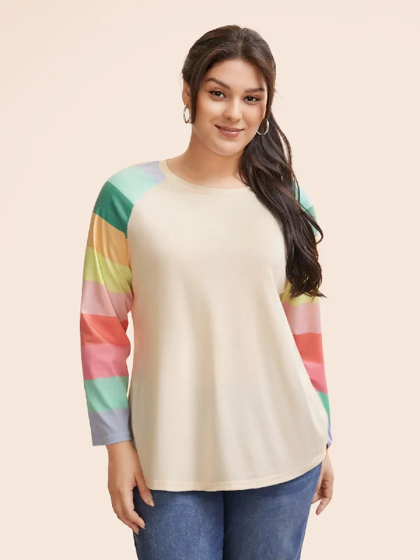 Multi-color Striped Sleeves Loose Fit T-shirt