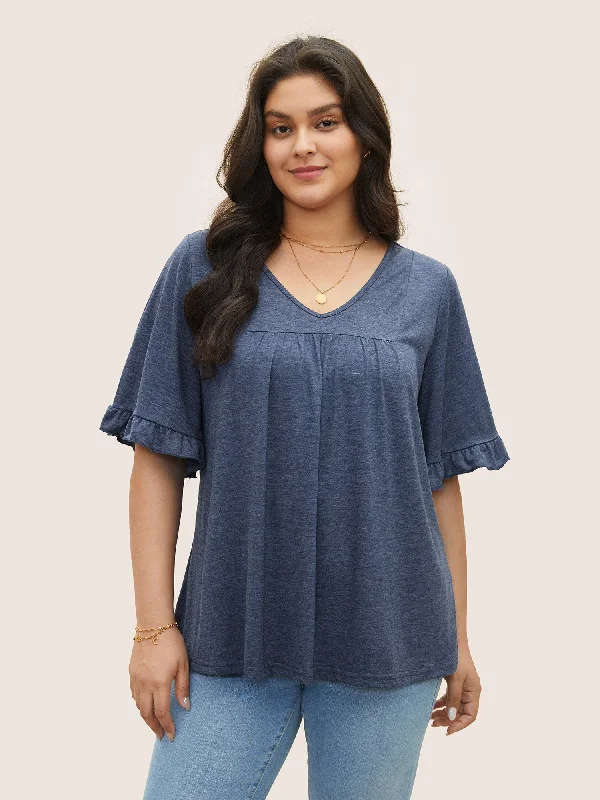 Solid Gathered Ruffle Trim Flounce Sleeve T-shirt