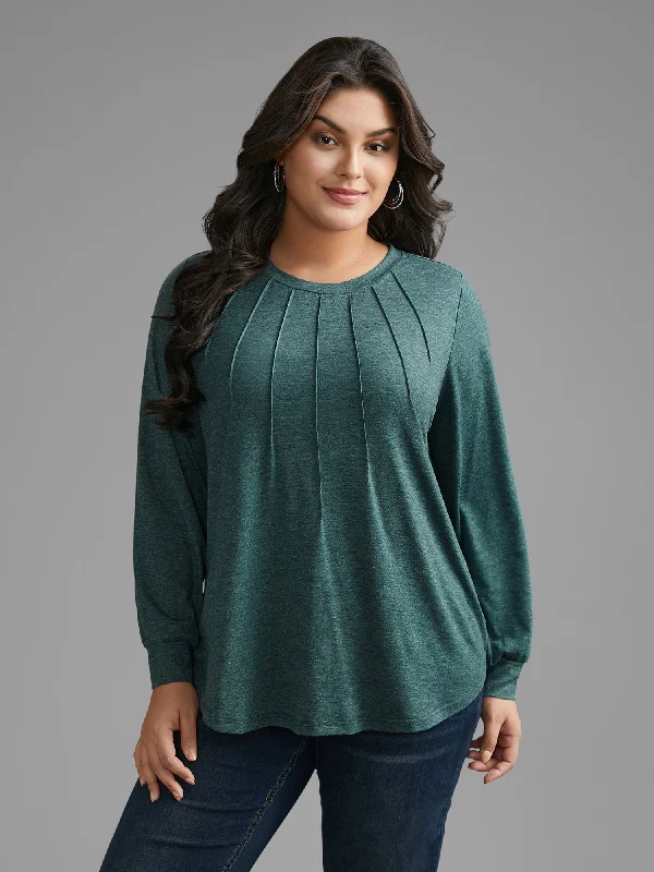 Solid Heather Round Neck Pleated T-shirt