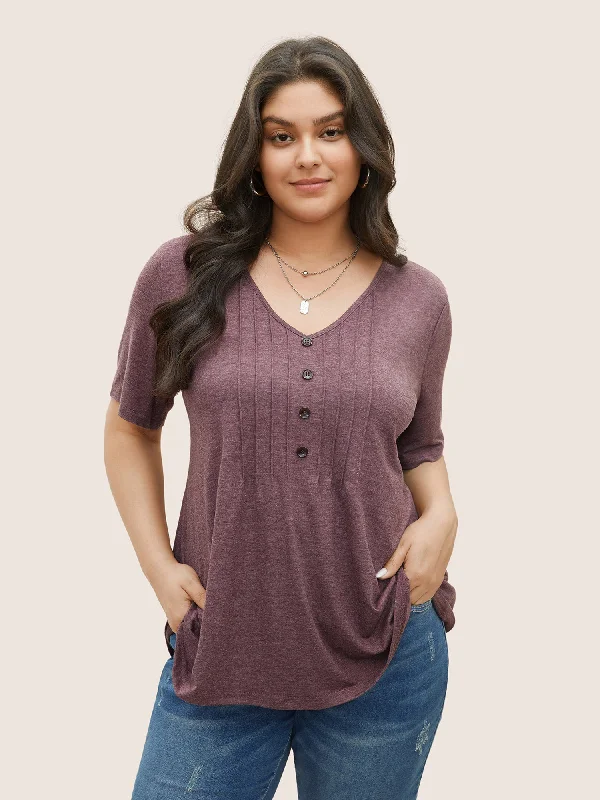 Solid Pleated Front Button Detail V Neck T-shirt