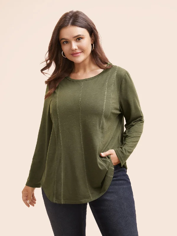 Solid Round Neck Topstitching T-shirt