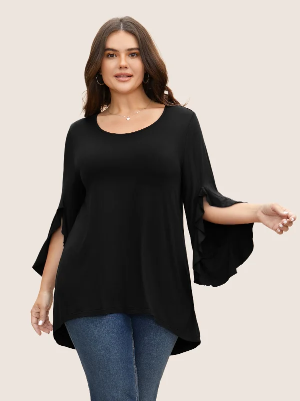 Solid Ruffle Sleeve High Low Hem T-shirt