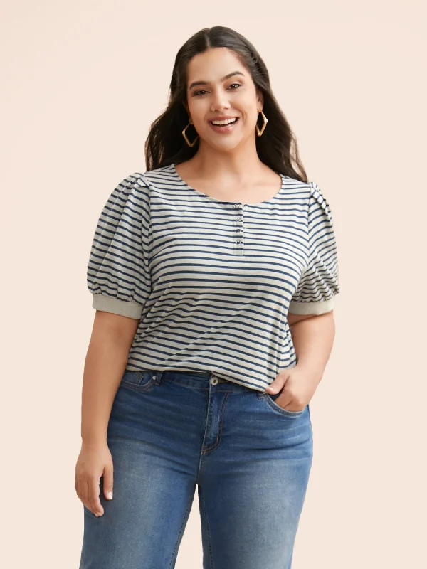 Striped Button Up Lantern Sleeve T-shirt