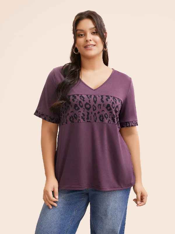 V Neck Patchwork Leopard Print T-shirt