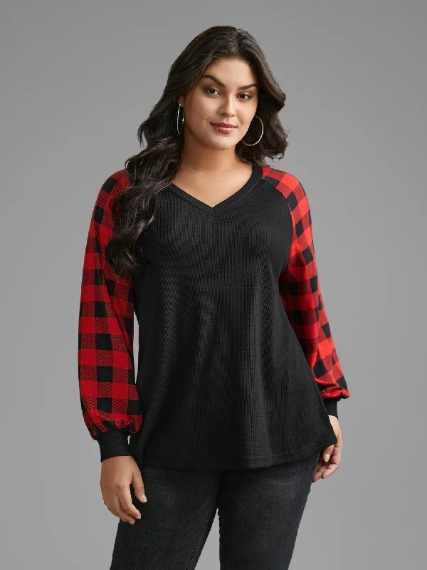 V Neck Plaid Patchwork Contrast T-shirt