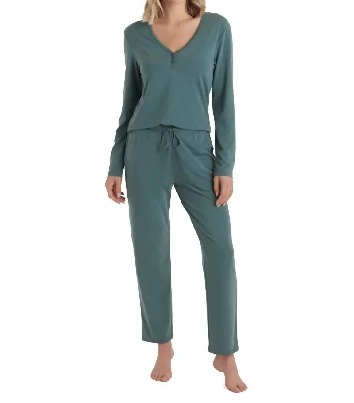 Quinn Y-Neck Henley Pj Set In Dusty Green